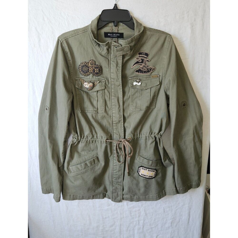 Women's Green Military-style Utility Jacket Steampunk Patches Pins Size Medium